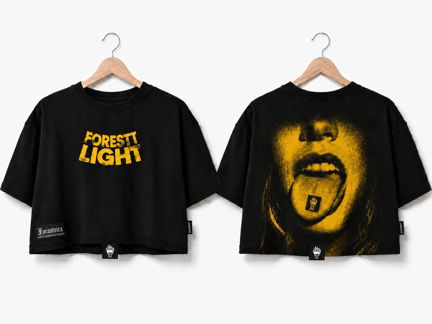Cropped Forestt Light — frente e costas em cabides